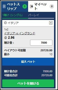 EURO2020決勝戦へのブックメーカー賭け画面